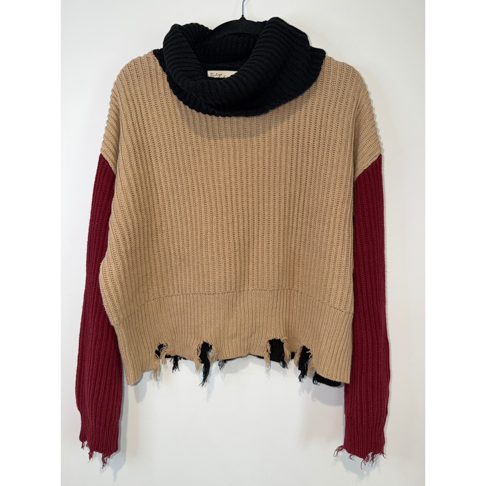 Vintage Havana Womens Colorblock Distressed Cowl Neck Sweater Large Chunky Knit